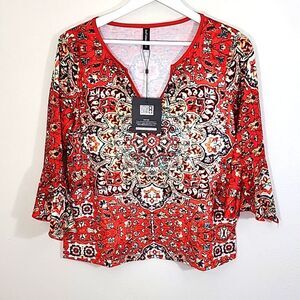 Just Fashion Now colorful mid bell sleeve boho floral top NWT size small
